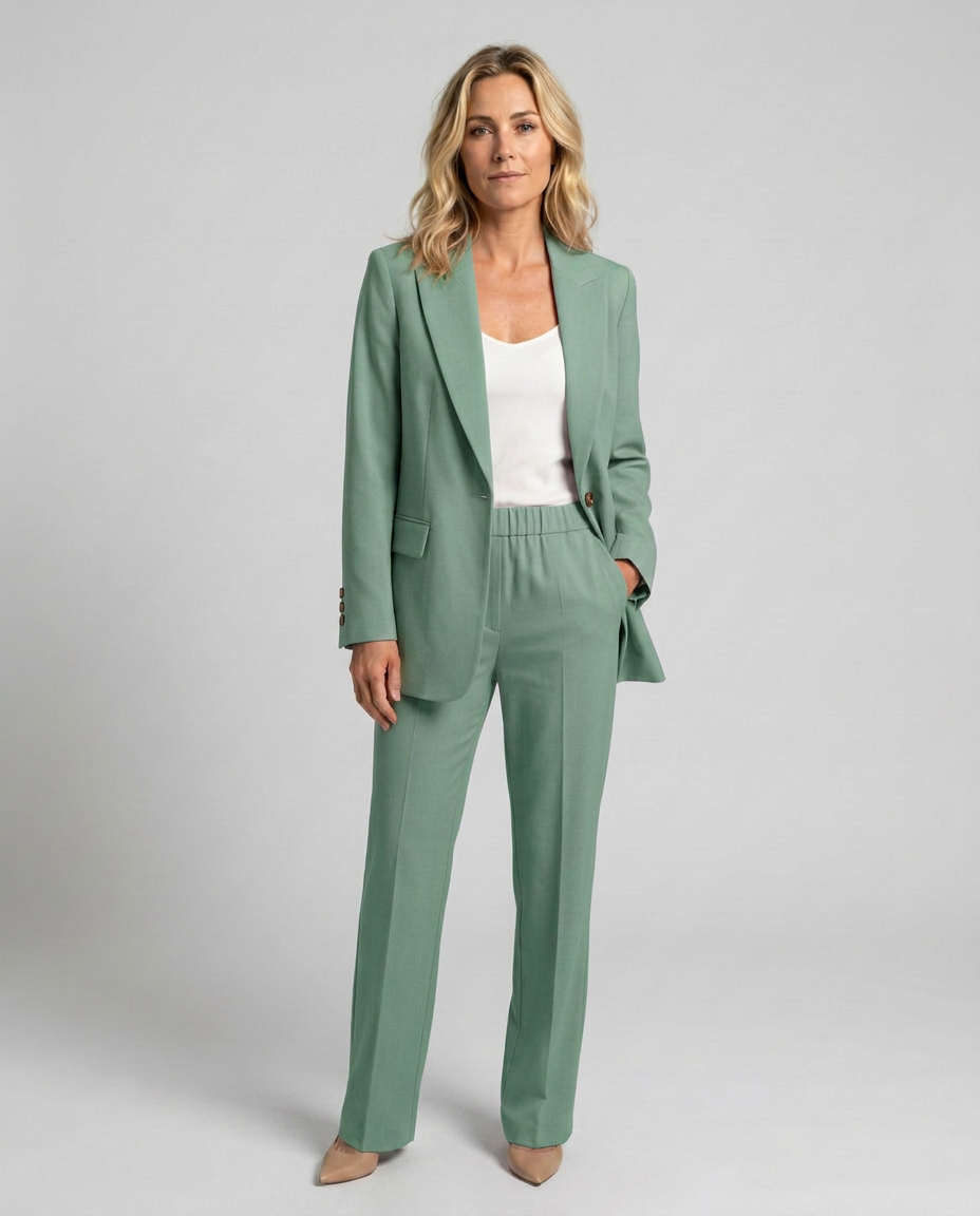 Women's Blazer Set with Straight-Leg Trousers, Tailored Lapel Collar - Green