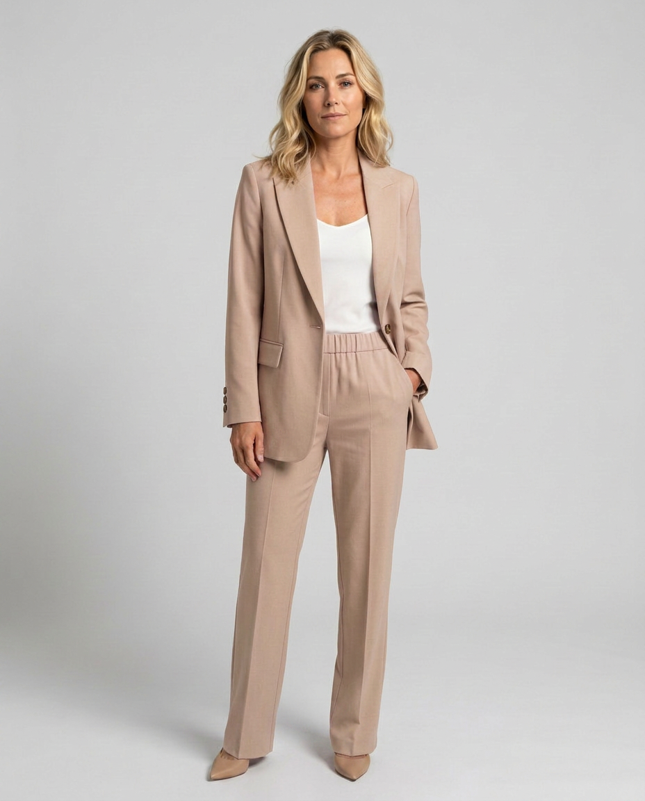 Women's Blazer Set with Straight-Leg Trousers, Tailored Lapel Collar - Khaki