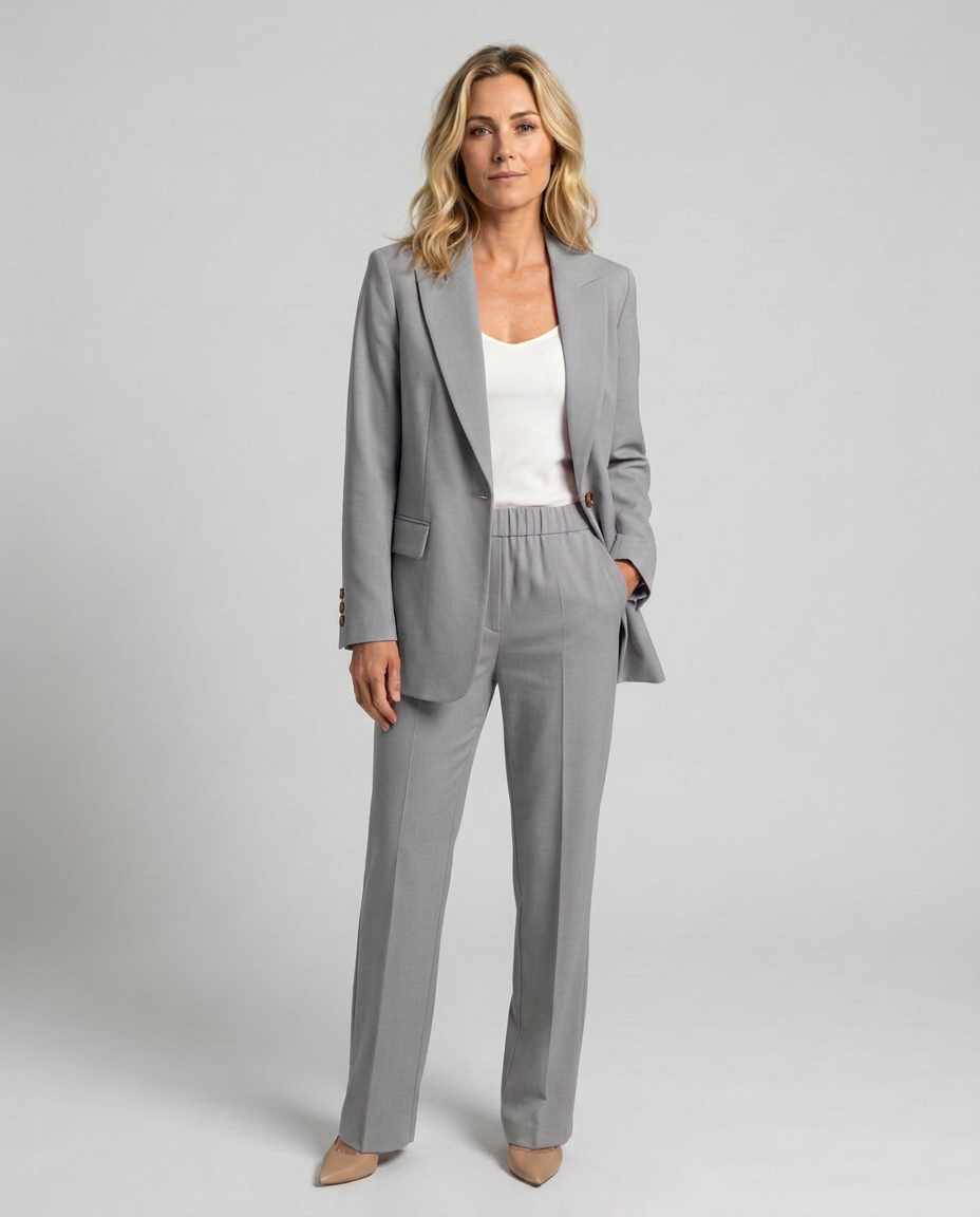 Women's Blazer Set with Straight-Leg Trousers, Tailored Lapel Collar - Grey