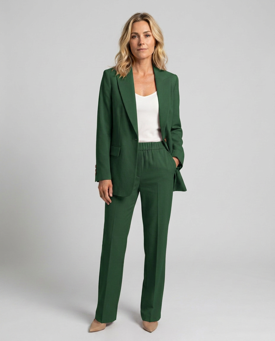 Women's Blazer Set with Straight-Leg Trousers, Tailored Lapel Collar - Dark Green