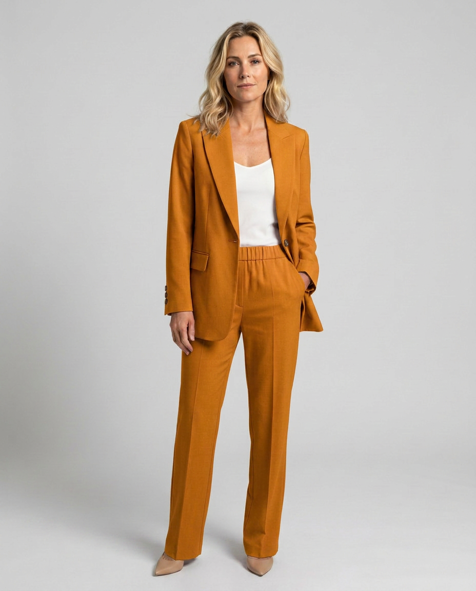 Women's Blazer Set with Straight-Leg Trousers, Tailored Lapel Collar - Yellow