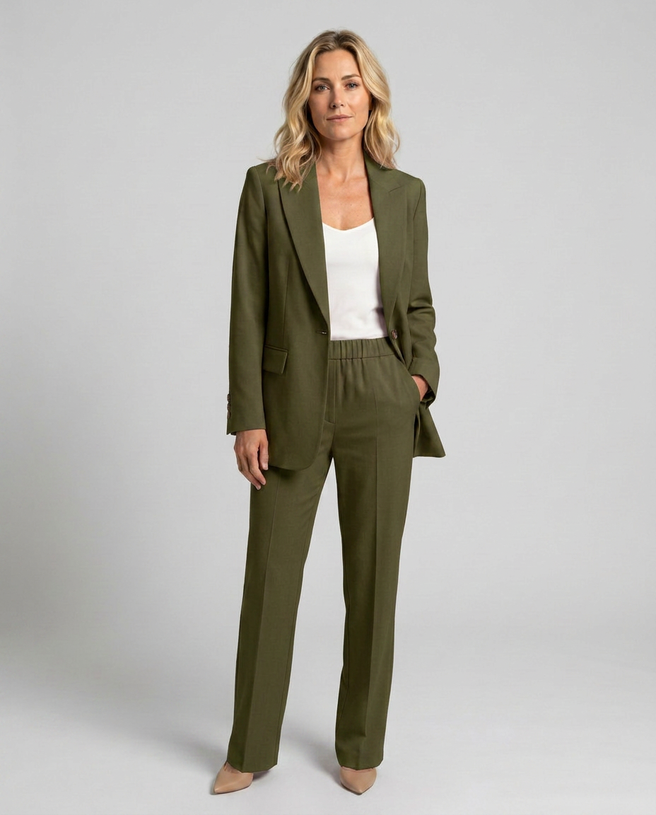 Women's Blazer Set with Straight-Leg Trousers, Tailored Lapel Collar - Army Green