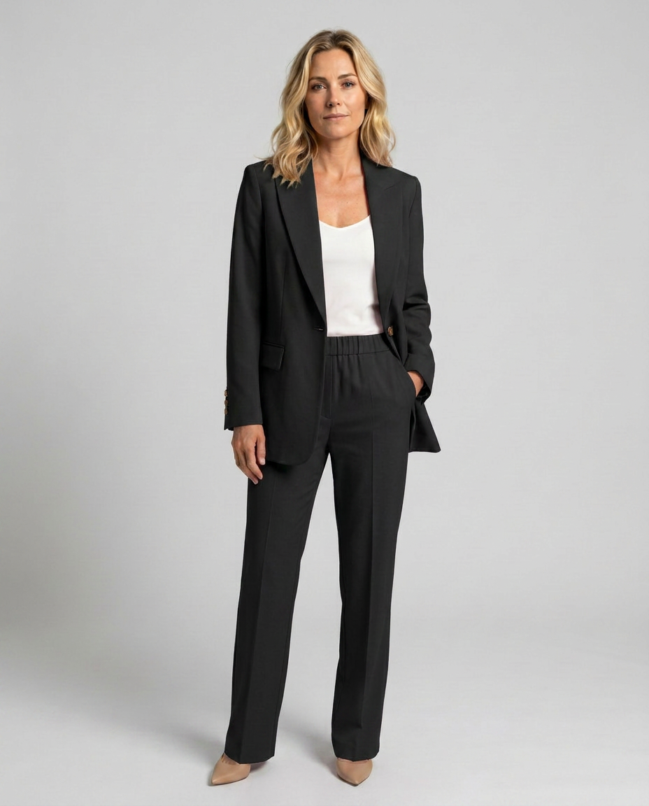 Women's Blazer Set with Straight-Leg Trousers, Tailored Lapel Collar - Black