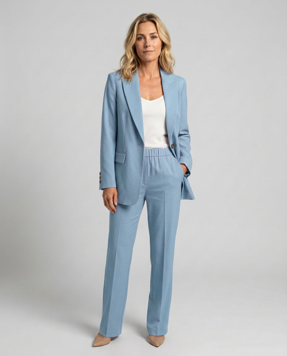 Women's Blazer Set with Straight-Leg Trousers, Tailored Lapel Collar - Baby Blue