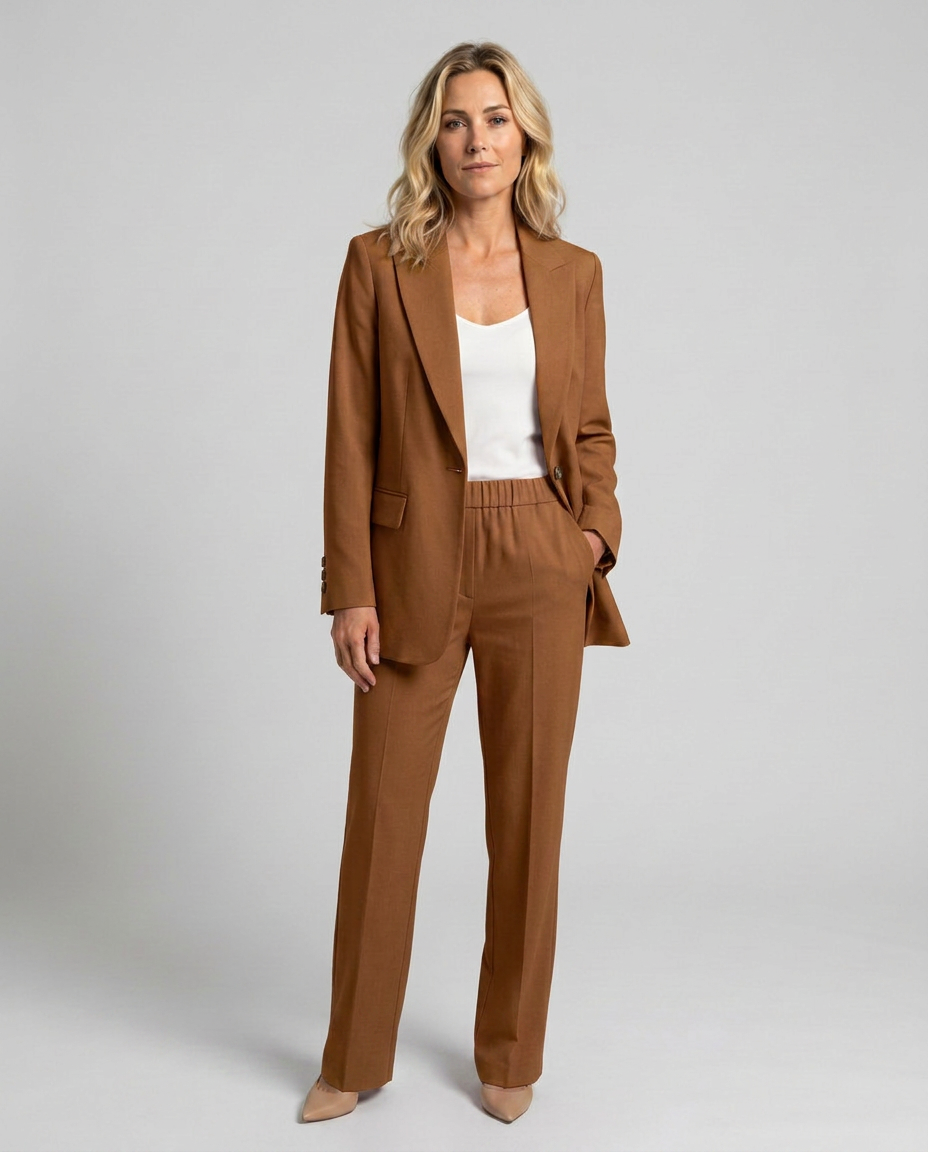 Women's Blazer Set with Straight-Leg Trousers, Tailored Lapel Collar - Brown