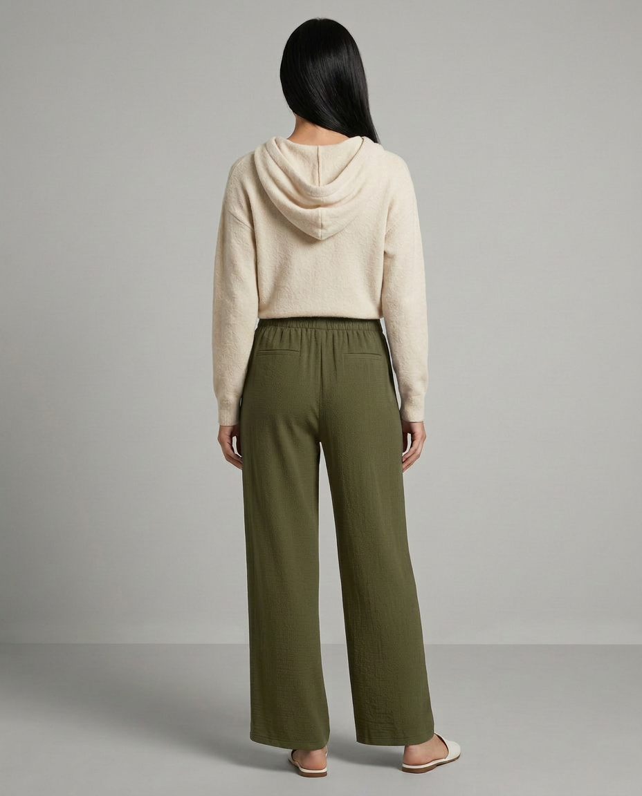 Women's Wide-Leg Trousers with Drawstring Waist - Olive Green