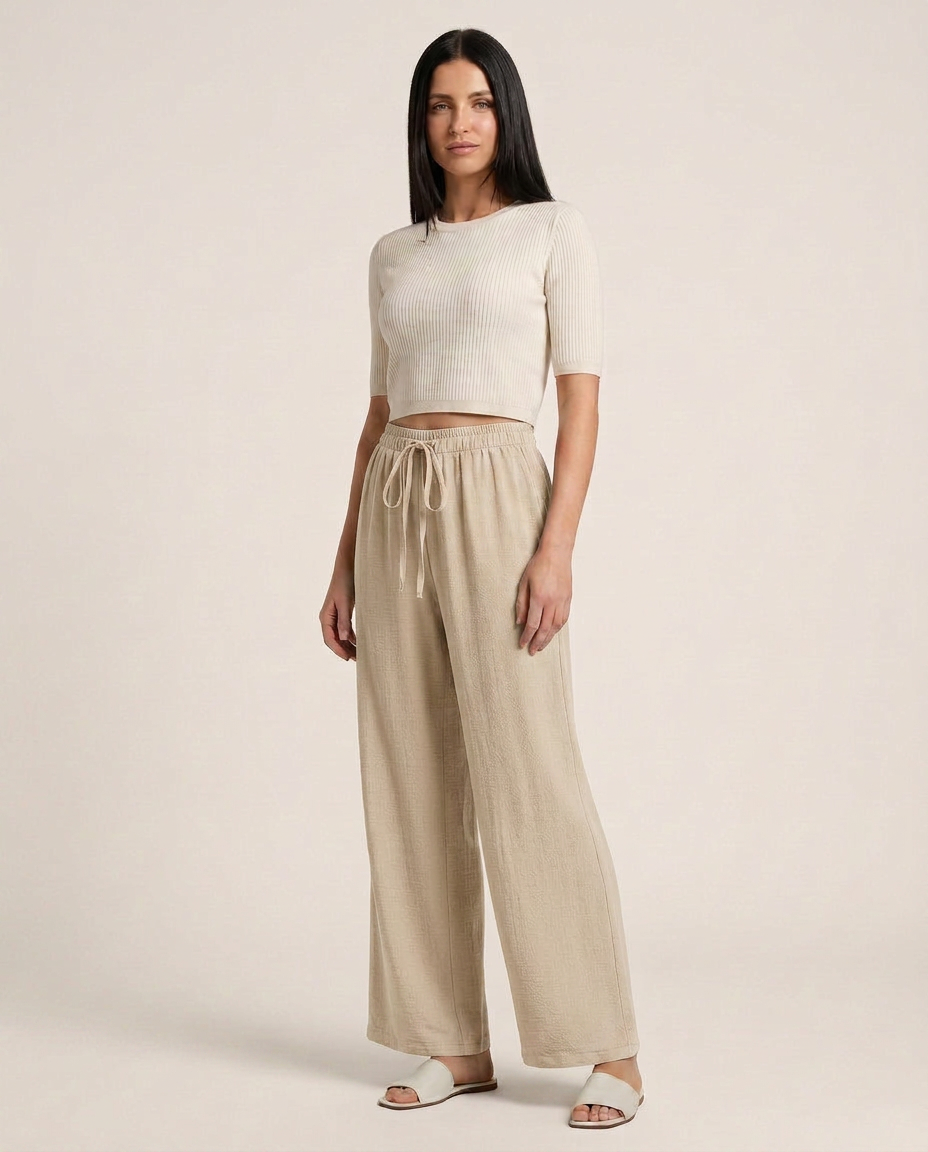 Women's Wide-Leg Trousers with Drawstring Waist - 12
