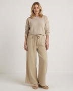 Women's Wide-Leg Trousers with Elastic Waist and Textured Finish - Apricot