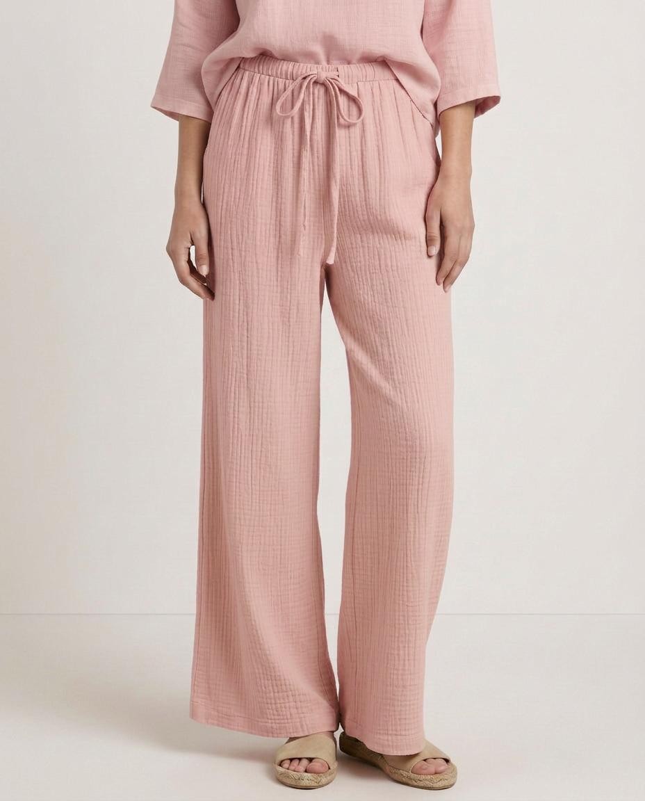 Women's Wide-Leg Trousers with Elastic Waist and Textured Finish - 8