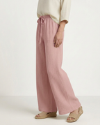 Women's Wide-Leg Trousers with Elastic Waist and Textured Finish - 10