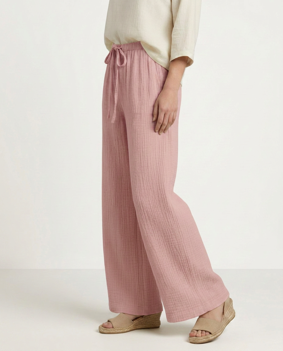 Women's Wide-Leg Trousers with Elastic Waist and Textured Finish - 10