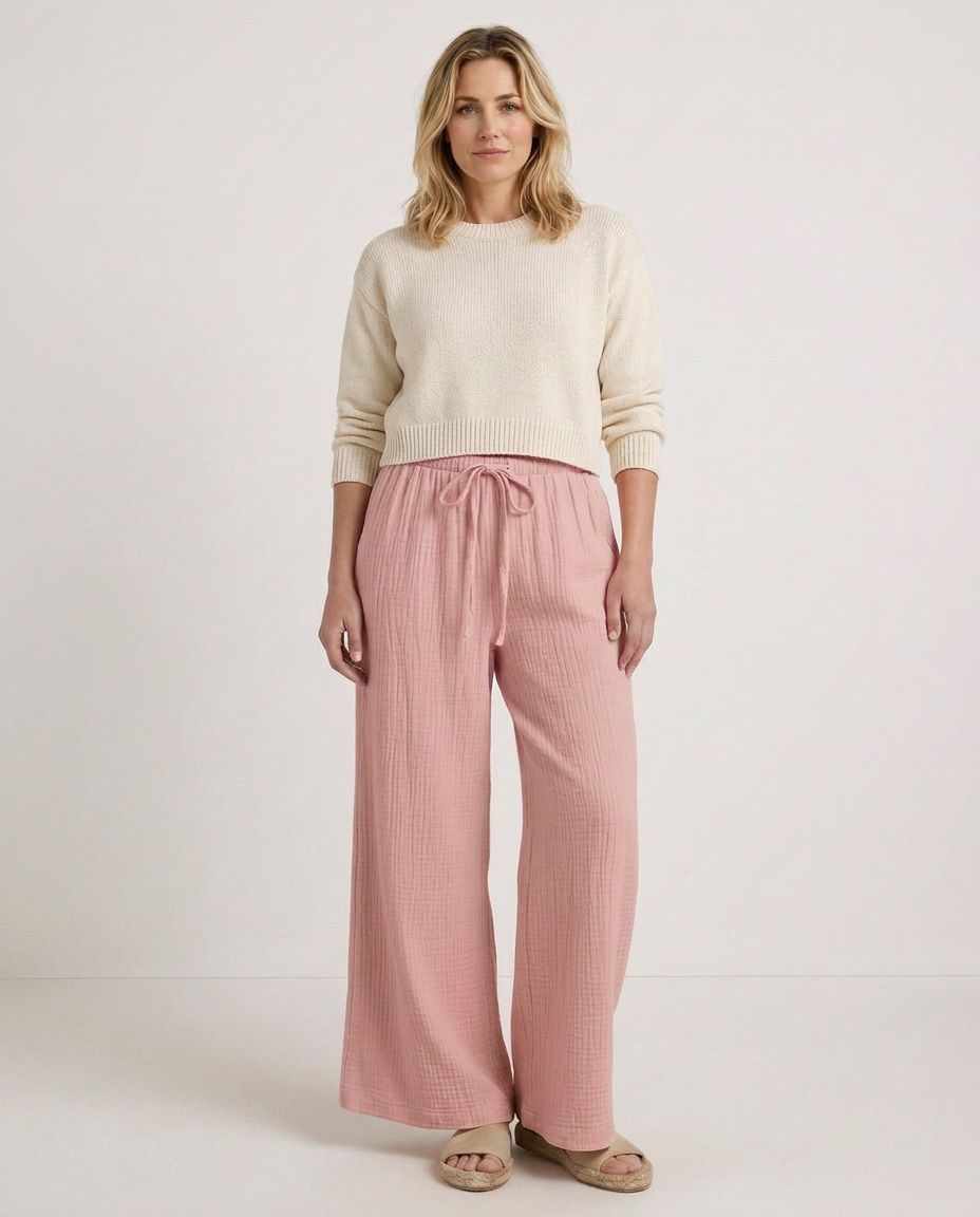 Women's Wide-Leg Trousers with Elastic Waist and Textured Finish - Pink