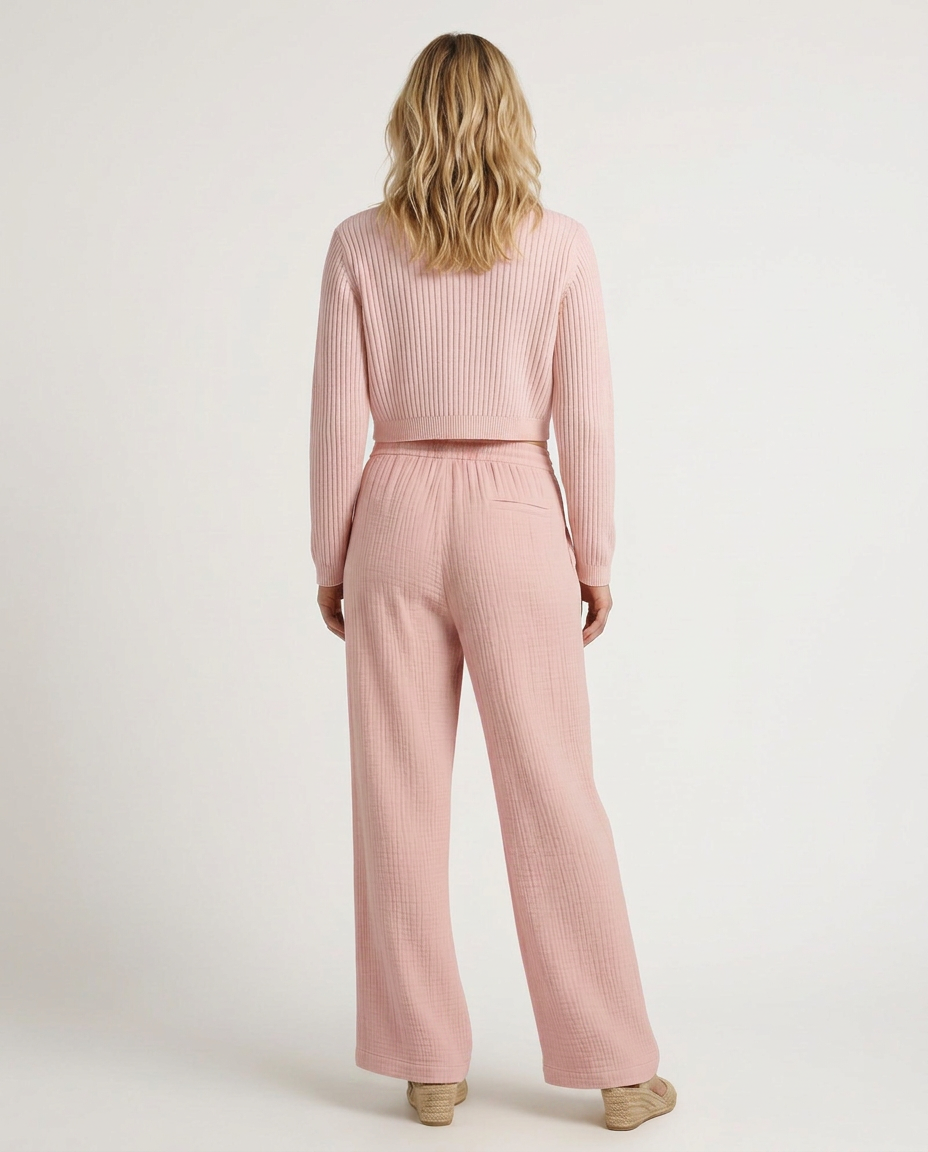 Women's Wide-Leg Trousers with Elastic Waist and Textured Finish - 12