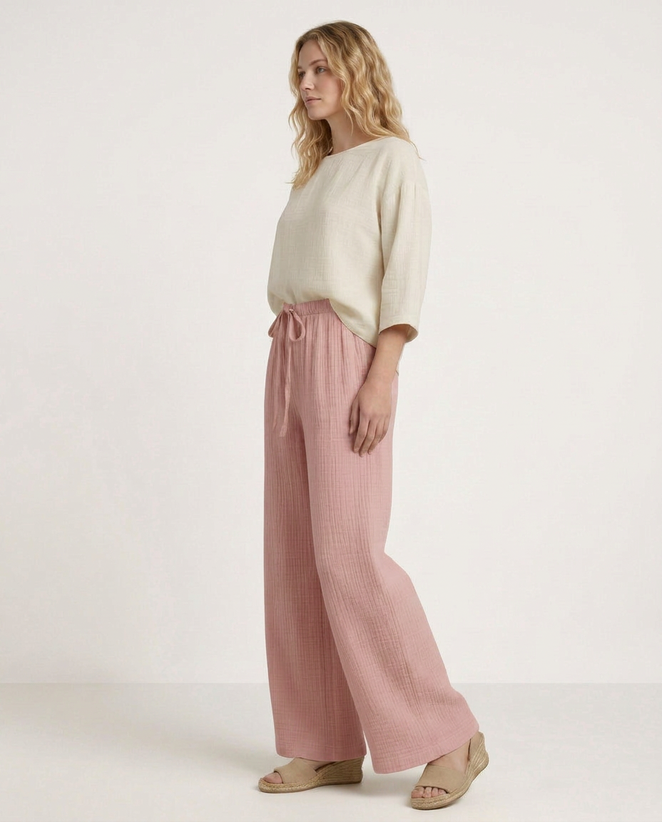 Women's Wide-Leg Trousers with Elastic Waist and Textured Finish - 13