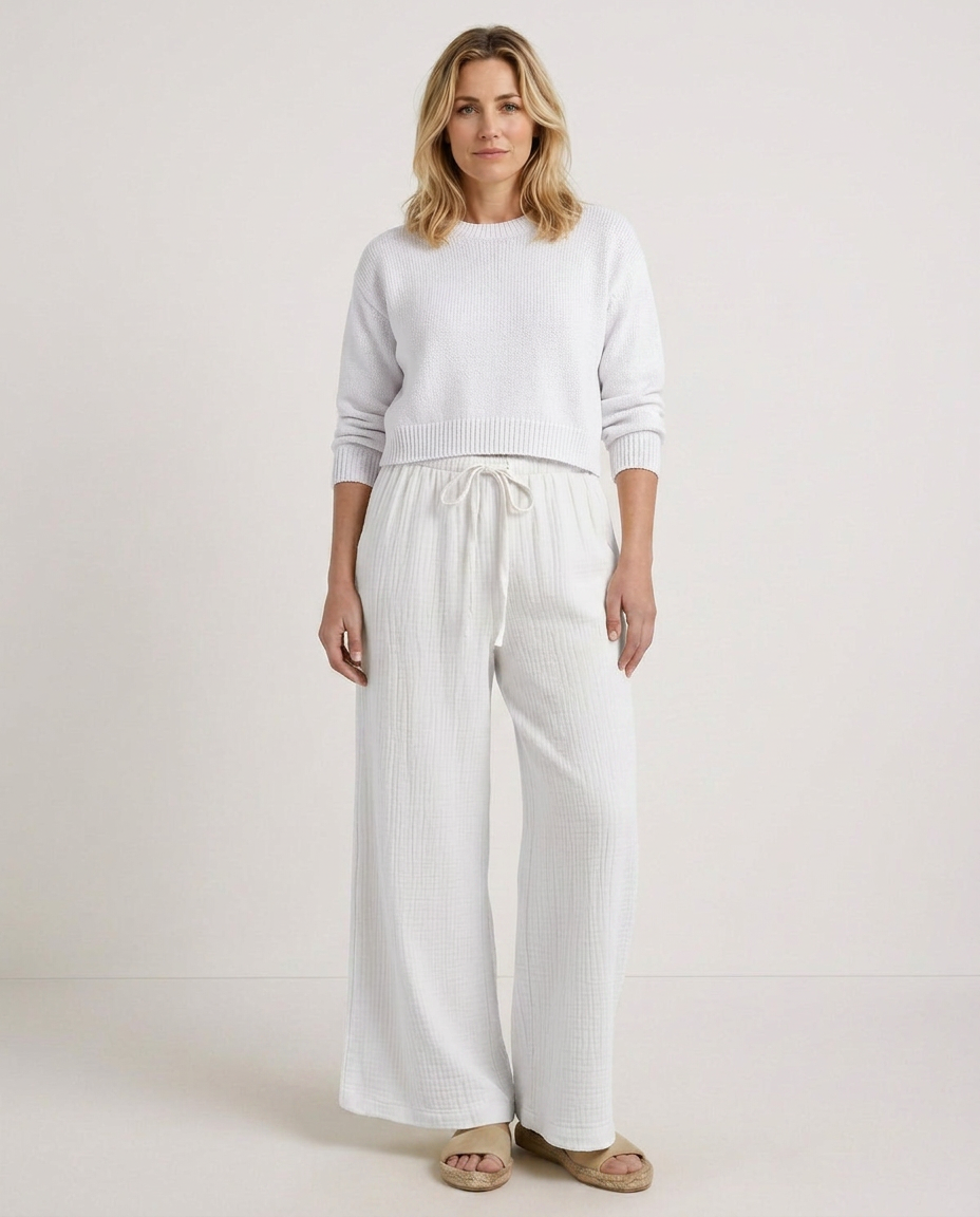 Women's Wide-Leg Trousers with Elastic Waist and Textured Finish - White