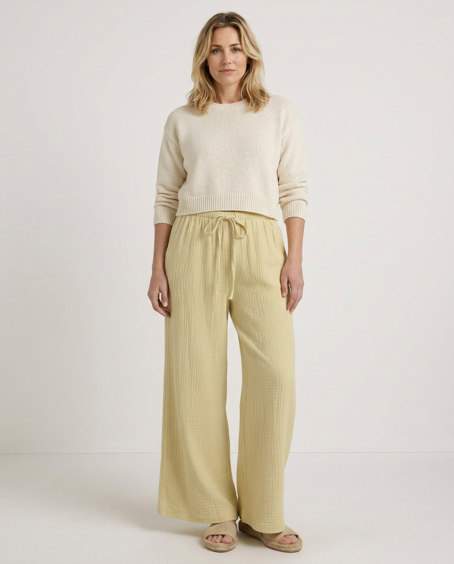 Women's Wide-Leg Trousers with Elastic Waist and Textured Finish - Yellow