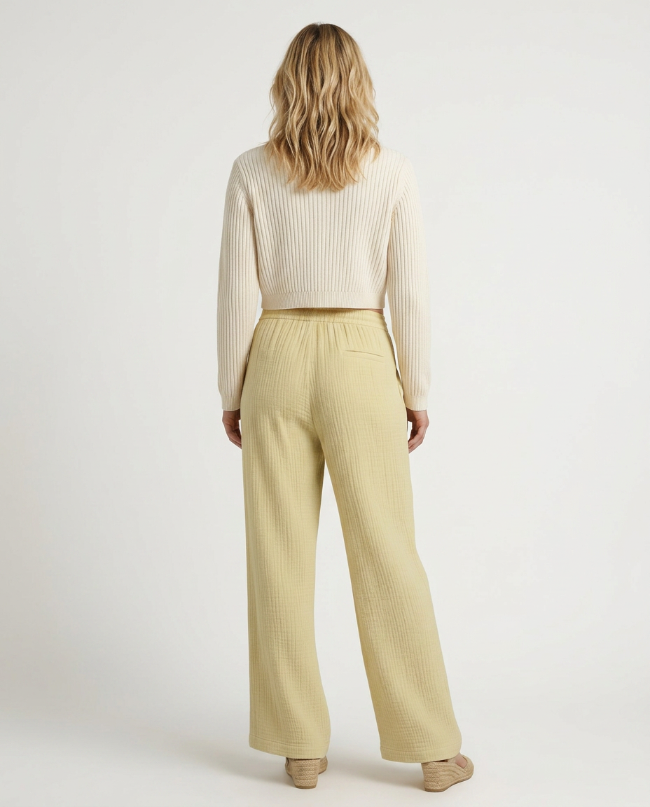 Women's Wide-Leg Trousers with Elastic Waist and Textured Finish - 6