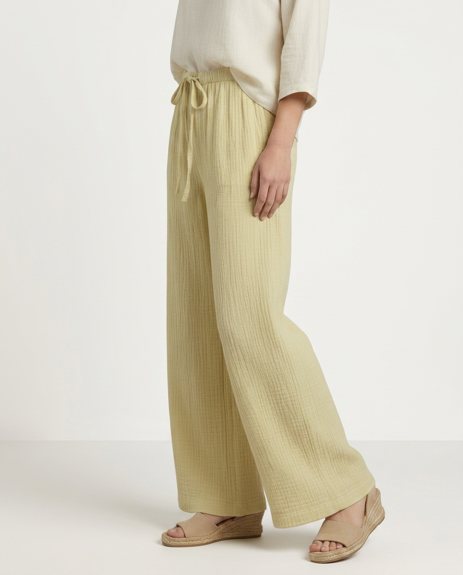 Women's Wide-Leg Trousers with Elastic Waist and Textured Finish - 4