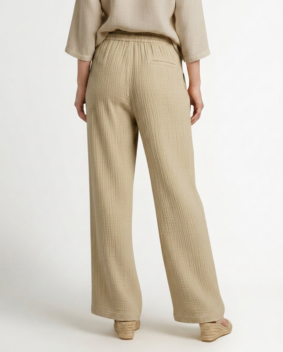 Women's Wide-Leg Trousers with Elastic Waist and Textured Finish - 15