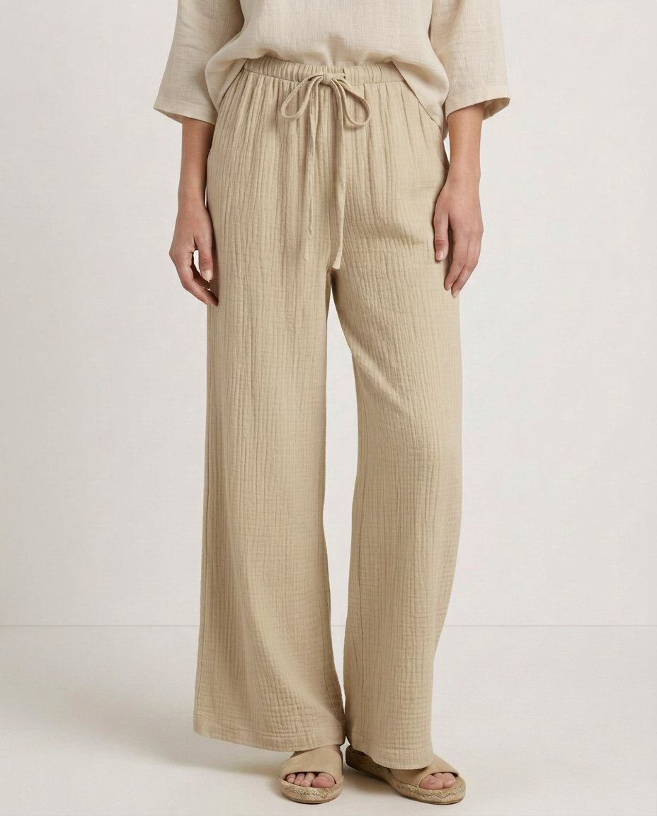Women's Wide-Leg Trousers with Elastic Waist and Textured Finish - 14