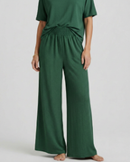 Women's Wide-Leg Trousers with Elastic Waist - Dark Green