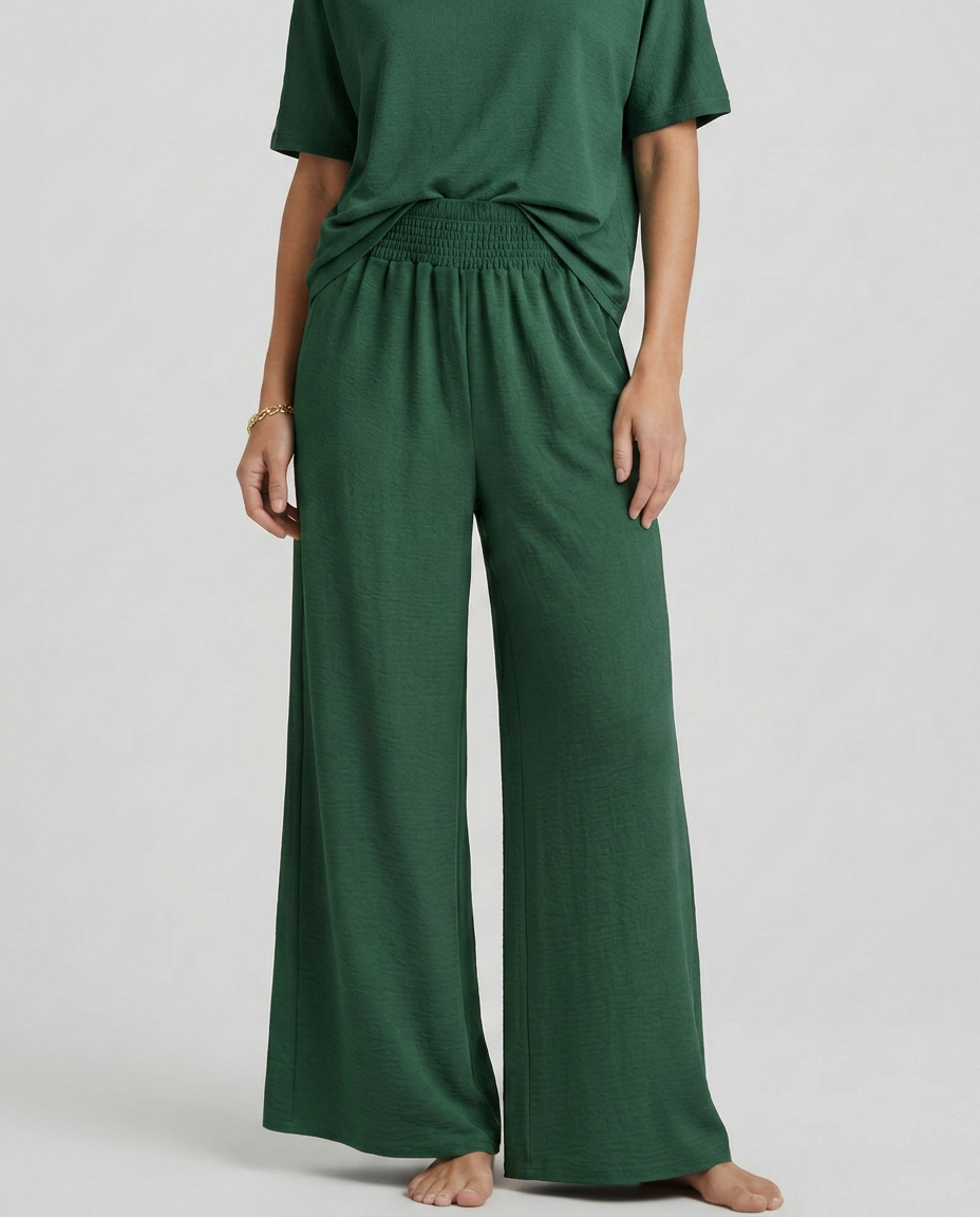Women's Wide-Leg Trousers with Elastic Waist - Dark Green