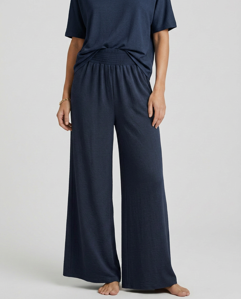 Women's Wide-Leg Trousers with Elastic Waist - Navy