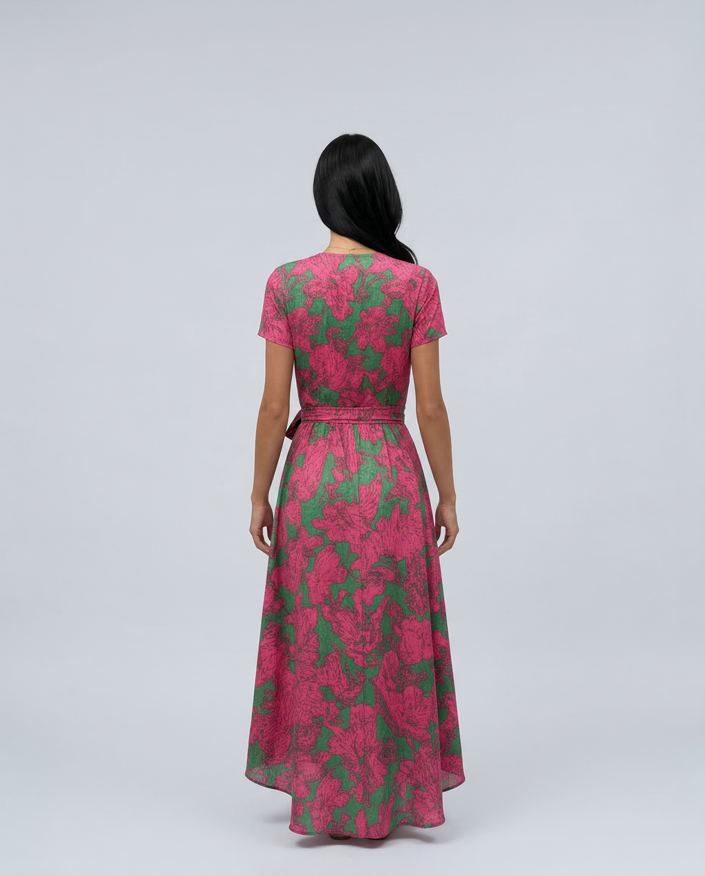 Women's Wrap Maxi Dress with Short Sleeves and V-Neck - 14