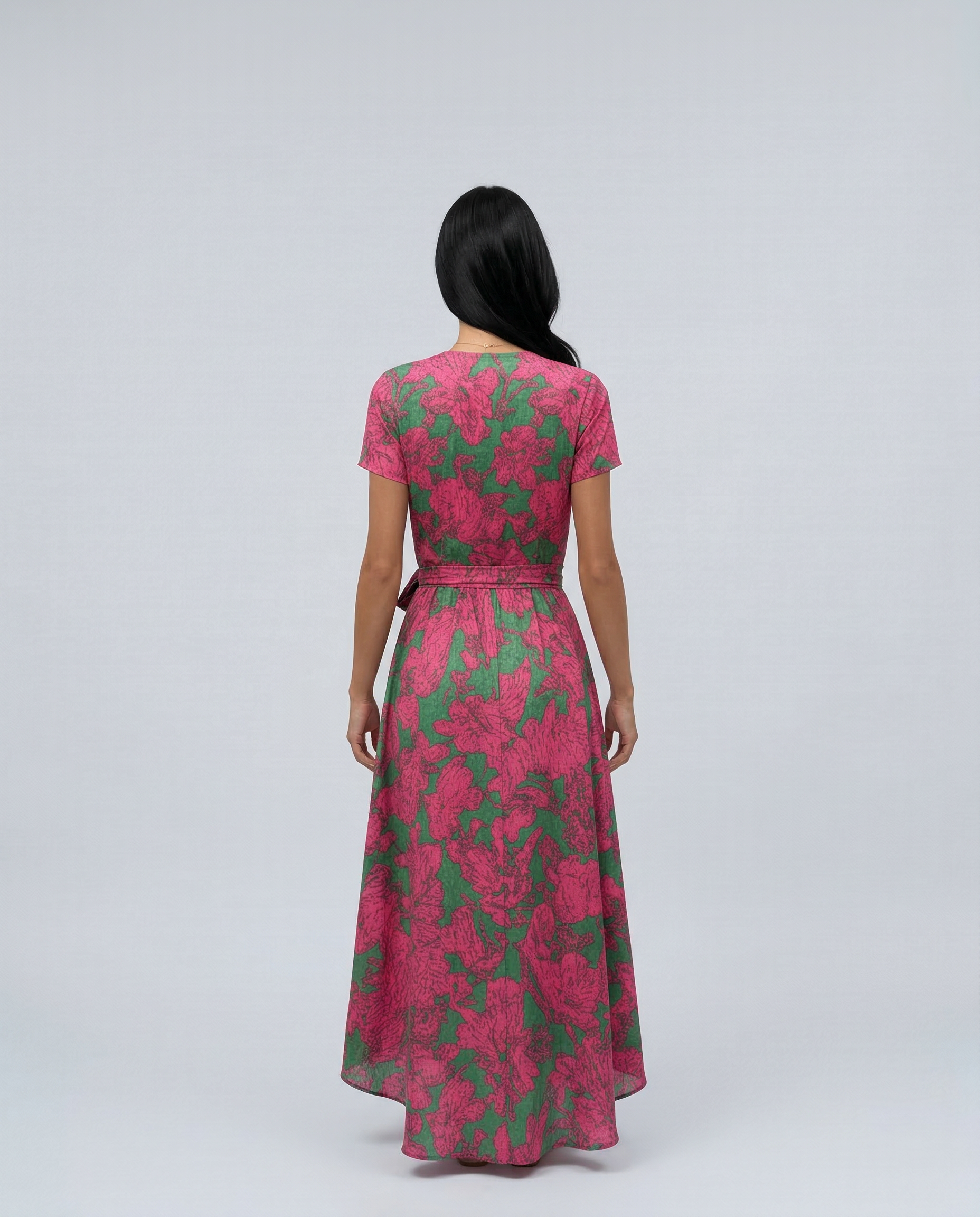 Women's Wrap Maxi Dress with Short Sleeves and V-Neck - 14