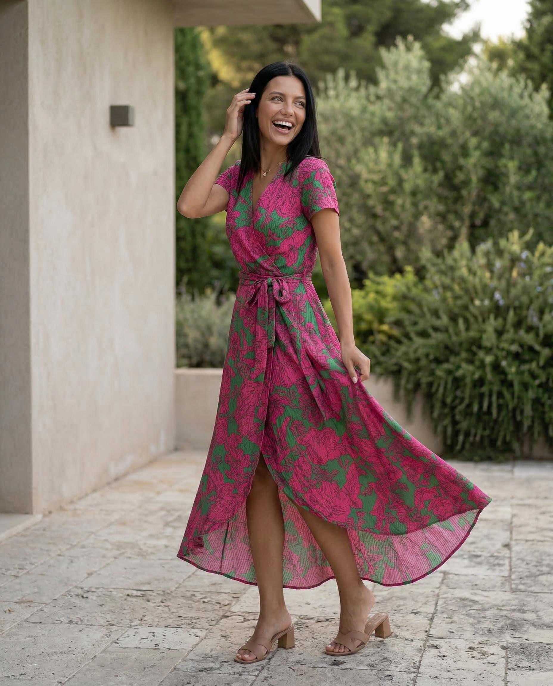 Women's Wrap Maxi Dress with Short Sleeves and V-Neck - 11