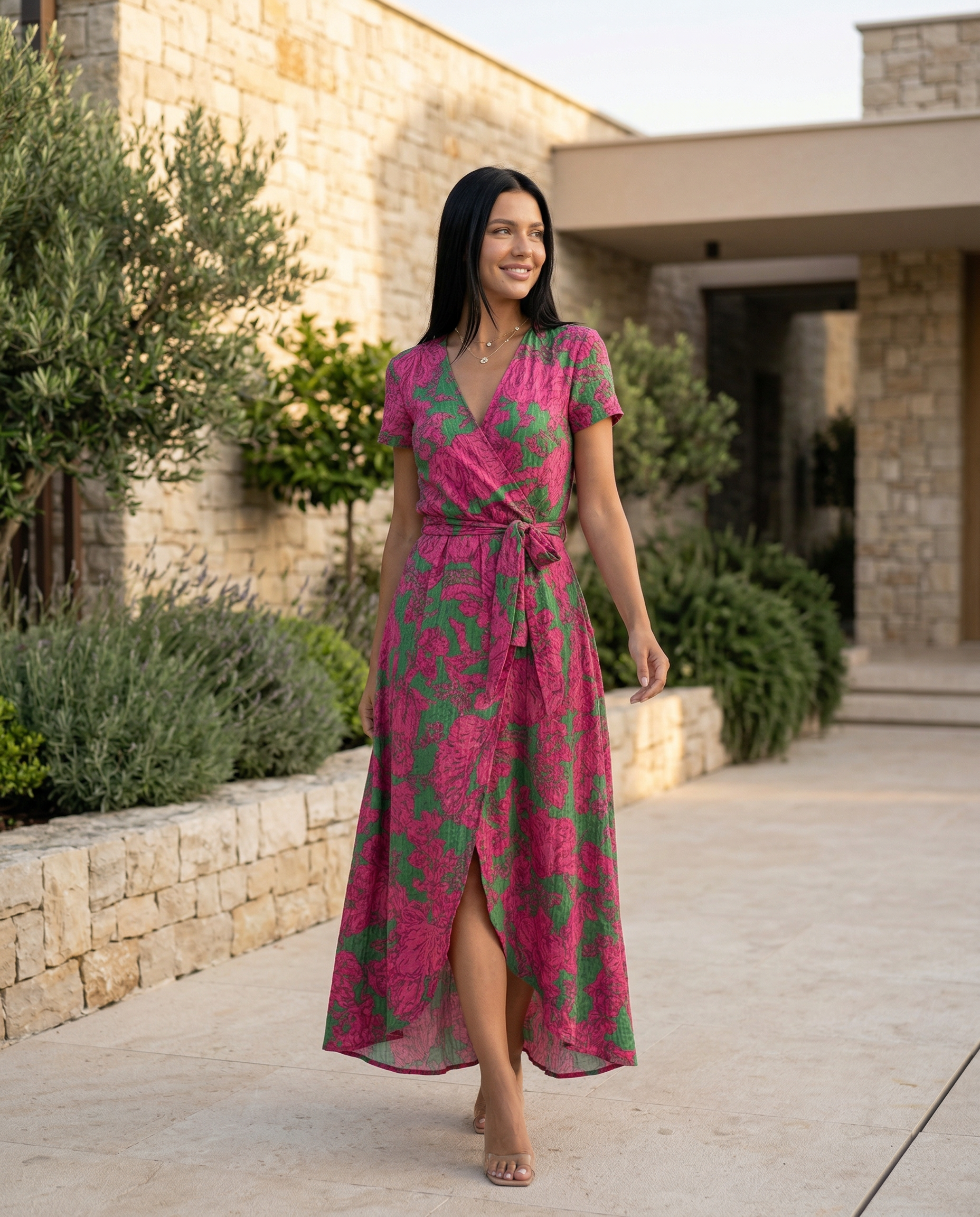 Women's Wrap Maxi Dress with Short Sleeves and V-Neck - 13