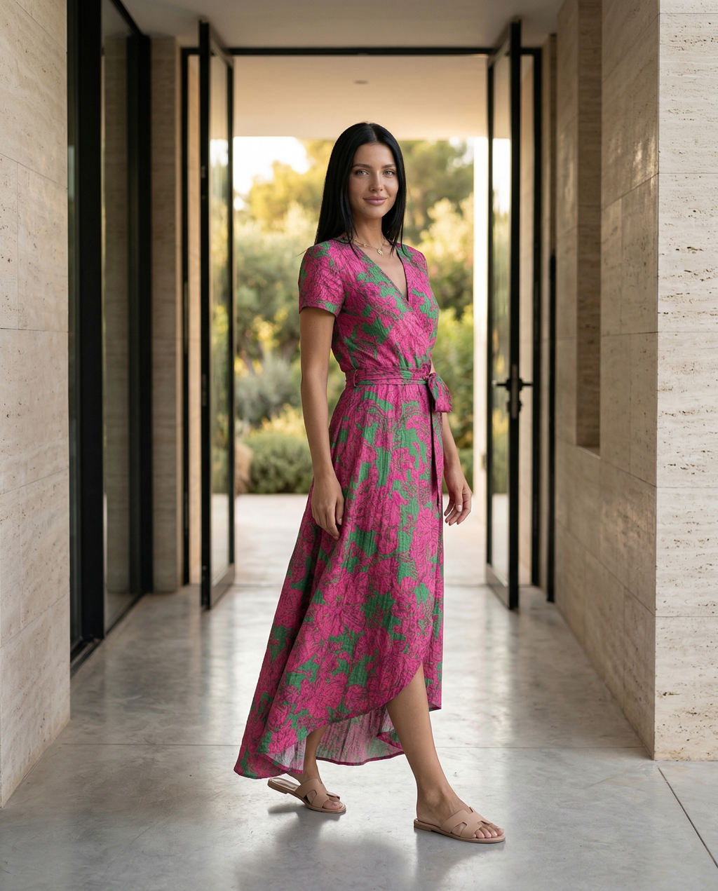 Women's Wrap Maxi Dress with Short Sleeves and V-Neck - 12