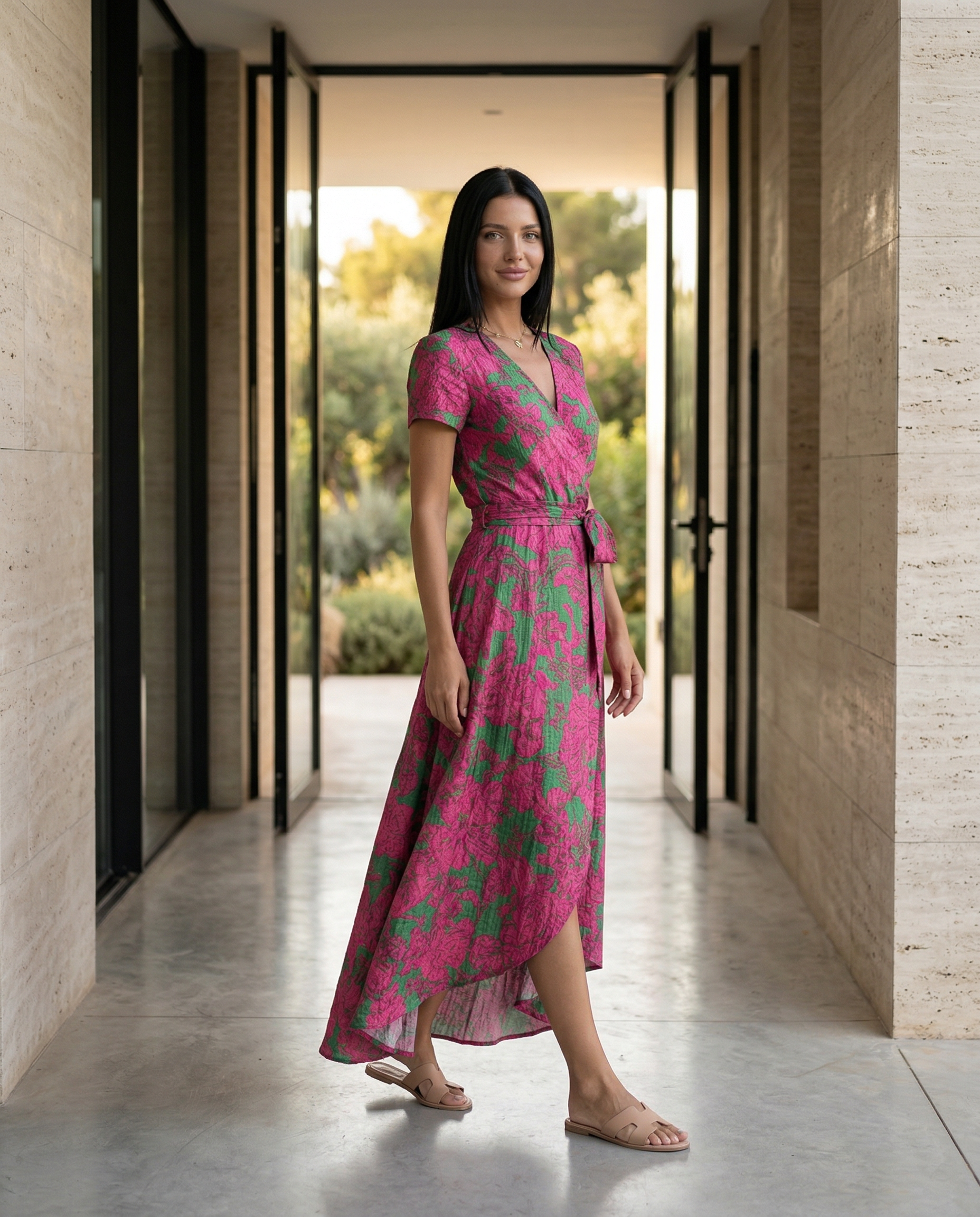 Women's Wrap Maxi Dress with Short Sleeves and V-Neck - 12