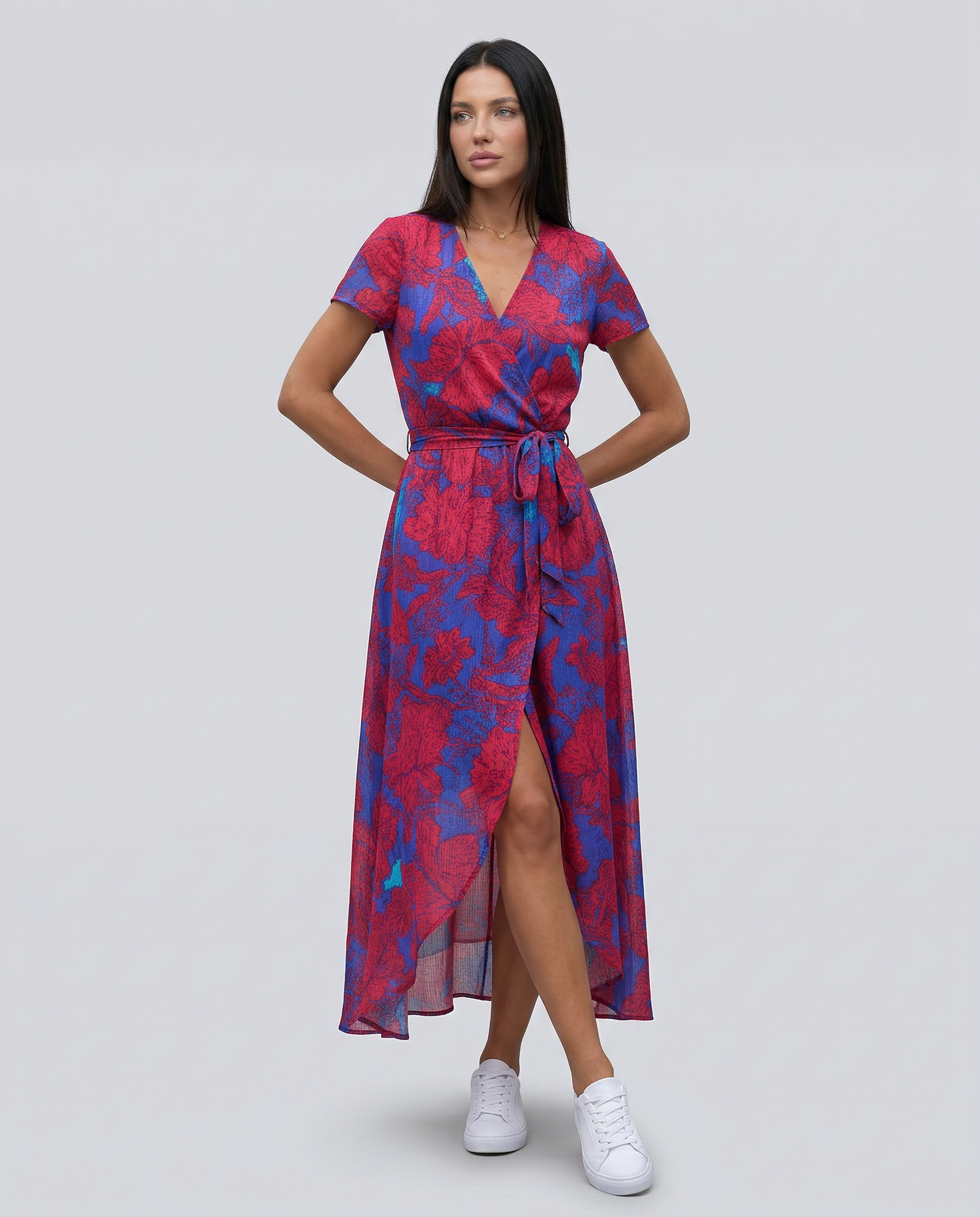 Women's Wrap Maxi Dress with Short Sleeves and V-Neck - 2