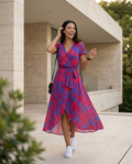 Women's Wrap Maxi Dress with Short Sleeves and V-Neck - Red