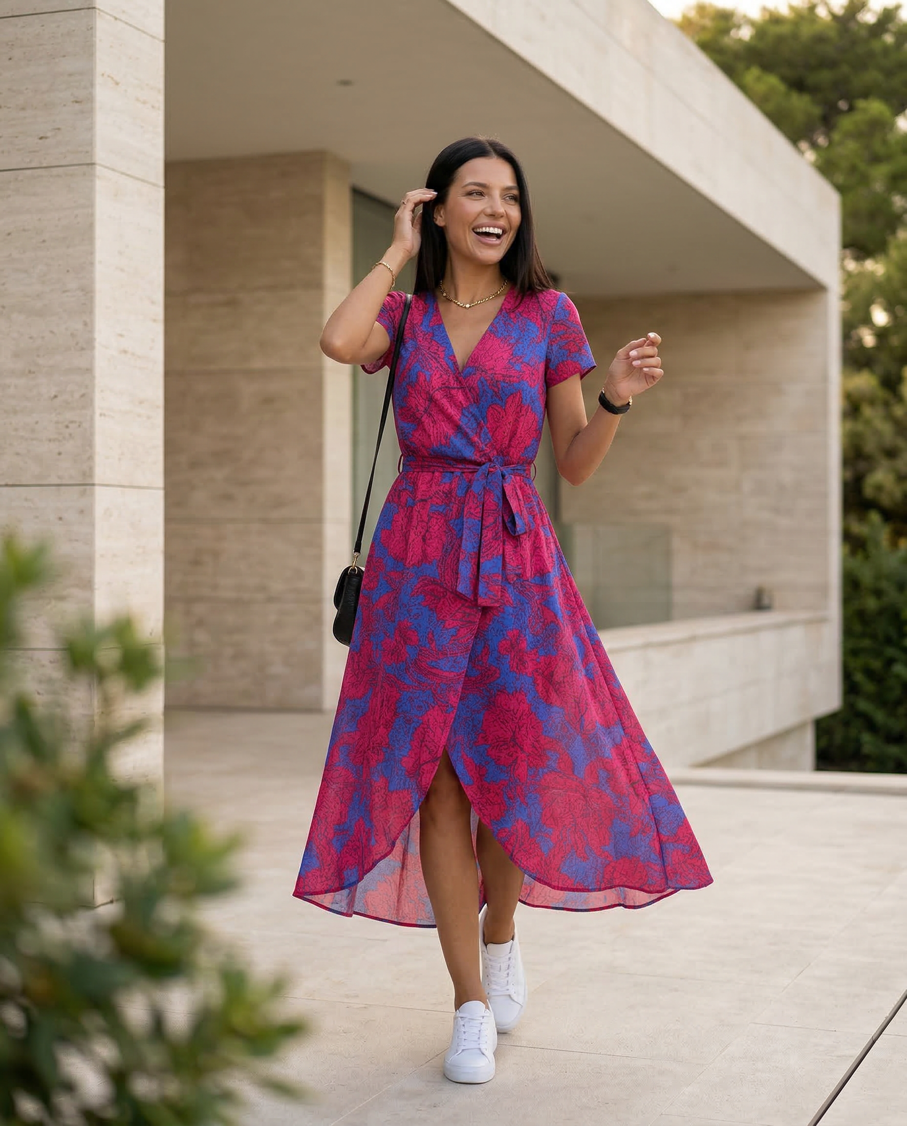 Women's Wrap Maxi Dress with Short Sleeves and V-Neck - Red