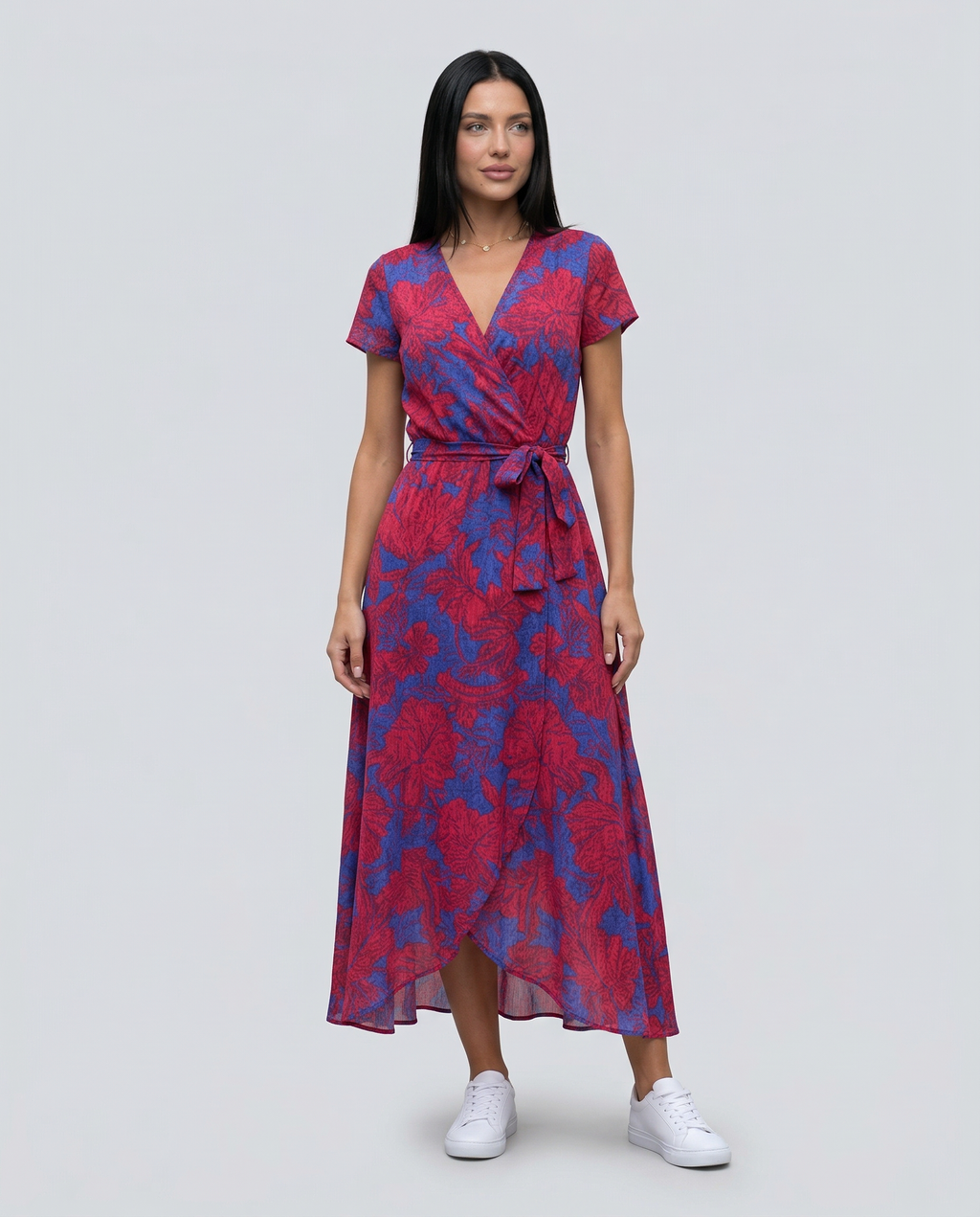 Women's Wrap Maxi Dress with Short Sleeves and V-Neck - 8