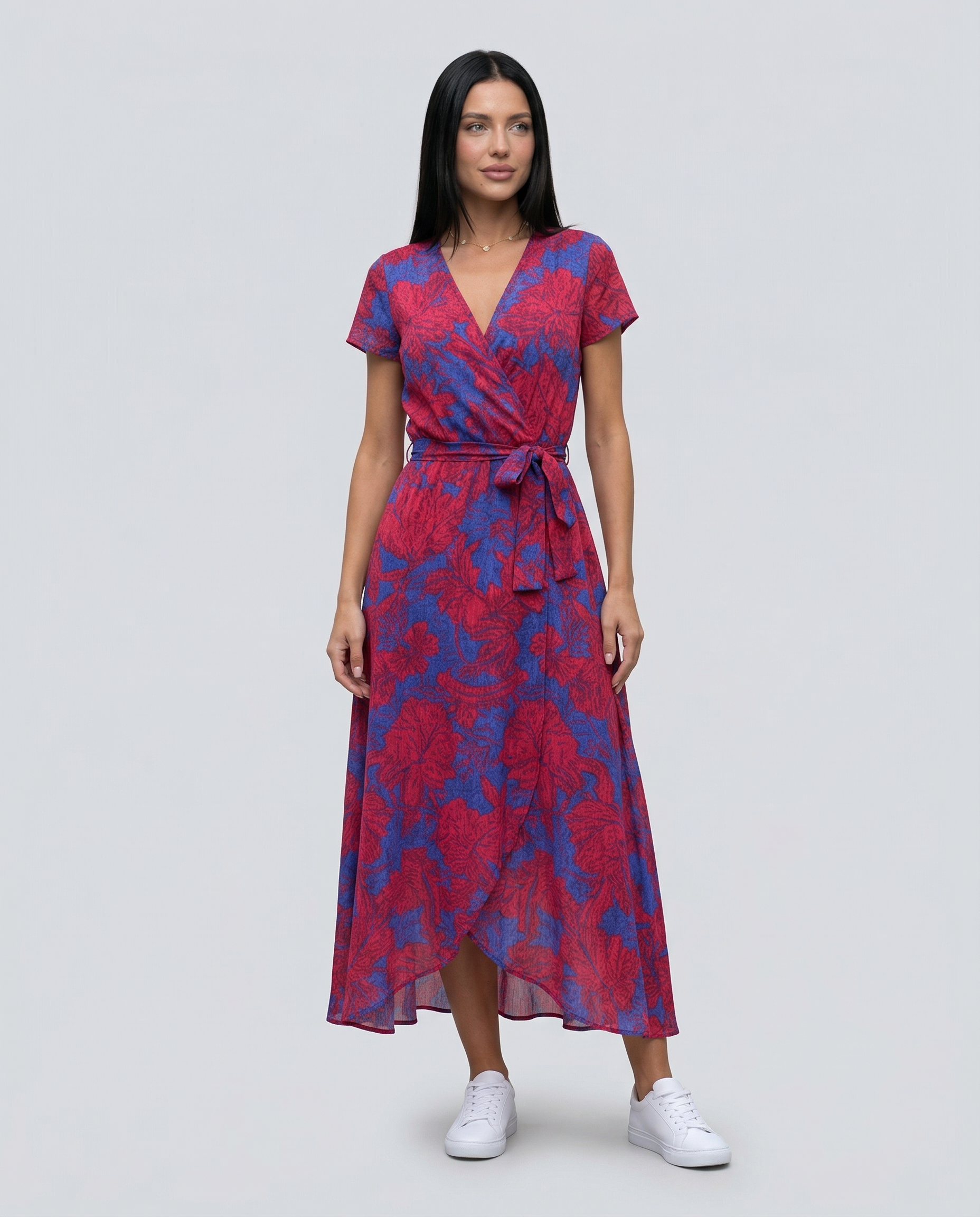 Women's Wrap Maxi Dress with Short Sleeves and V-Neck - 8
