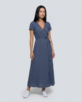 Women's Wrap Maxi Dress with Short Sleeves and V-Neck - Blue