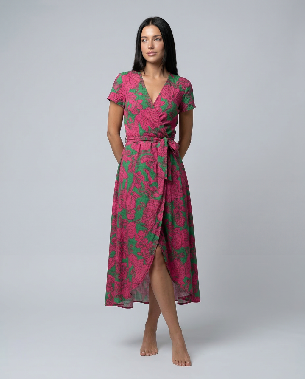Women's Wrap Maxi Dress with Short Sleeves and V-Neck - 9