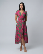 Women's Wrap Maxi Dress with Short Sleeves and V-Neck - 9