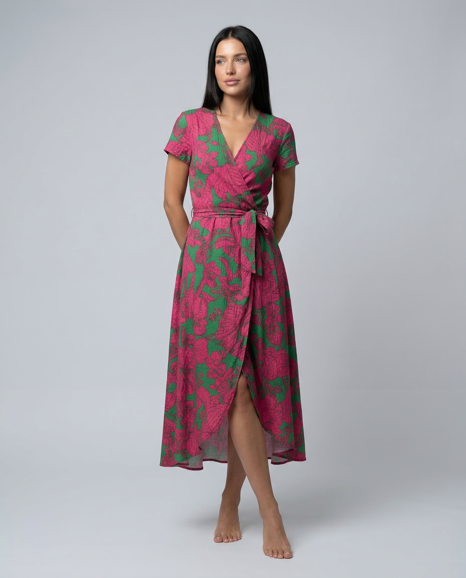Women's Wrap Maxi Dress with Short Sleeves and V-Neck - 9
