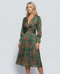 Women's Printed Midi Dress with Tie Waist and V-Neck - Dark Green