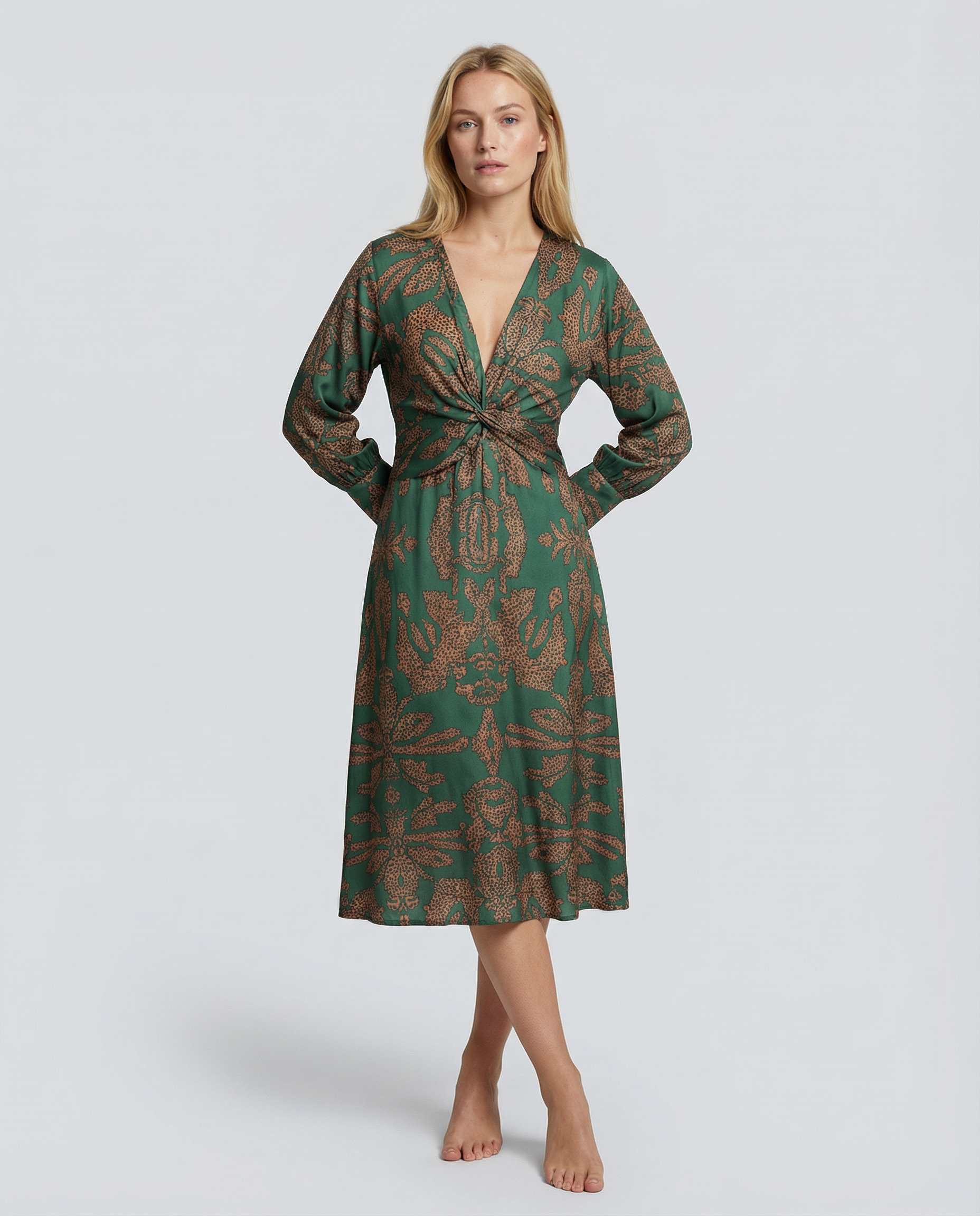Women's Printed Midi Dress with Tie Waist and V-Neck - 15