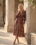 Women's Printed Midi Dress with Tie Waist and V-Neck - 13