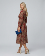 Women's Printed Midi Dress with Tie Waist and V-Neck - 10