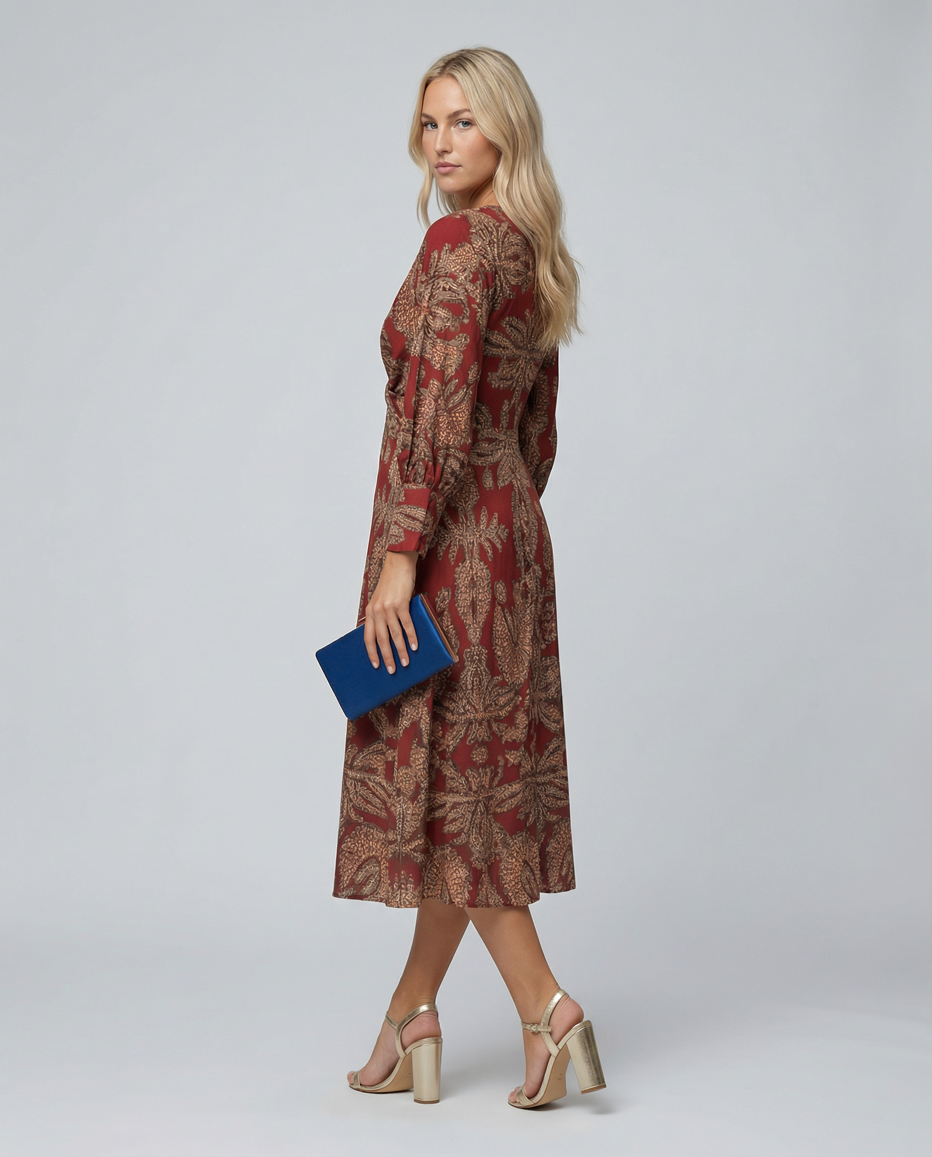 Women's Printed Midi Dress with Tie Waist and V-Neck - 10