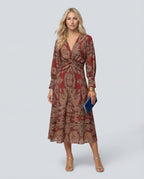 Women's Printed Midi Dress with Tie Waist and V-Neck - 9