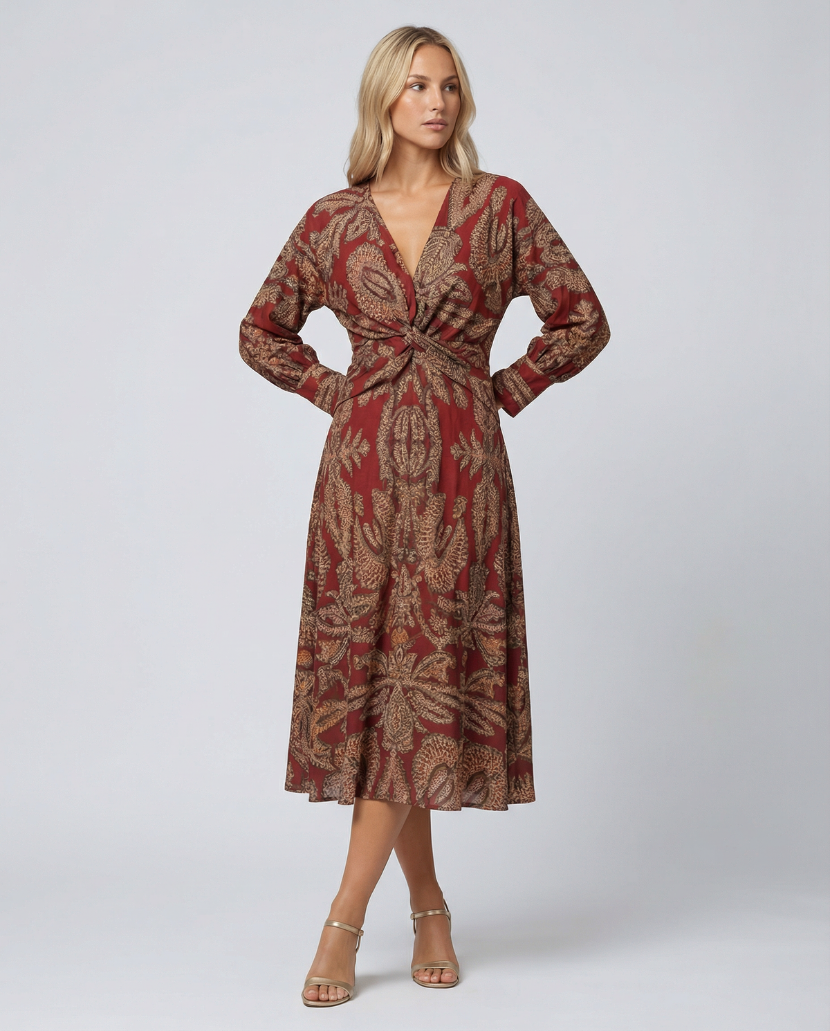Women's Printed Midi Dress with Tie Waist and V-Neck - Claret