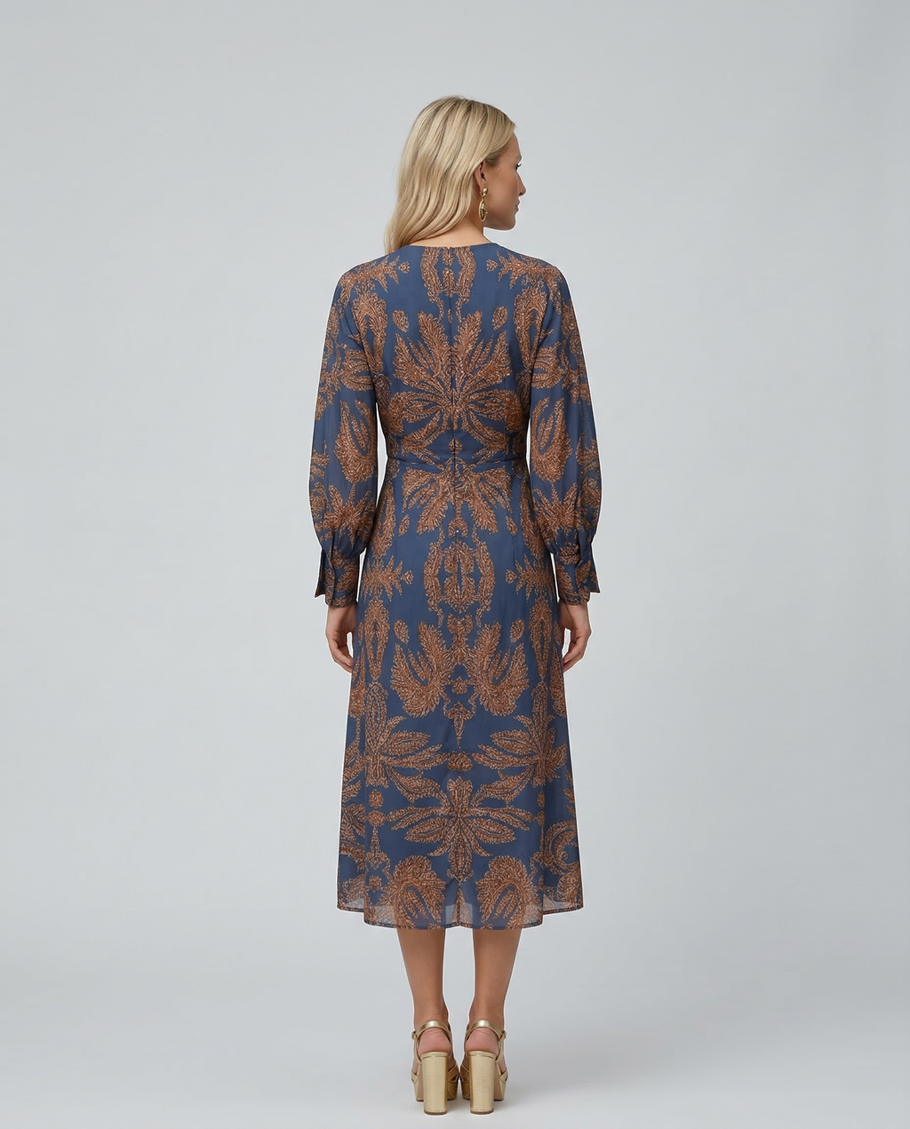 Women's Printed Midi Dress with Tie Waist and V-Neck - 6